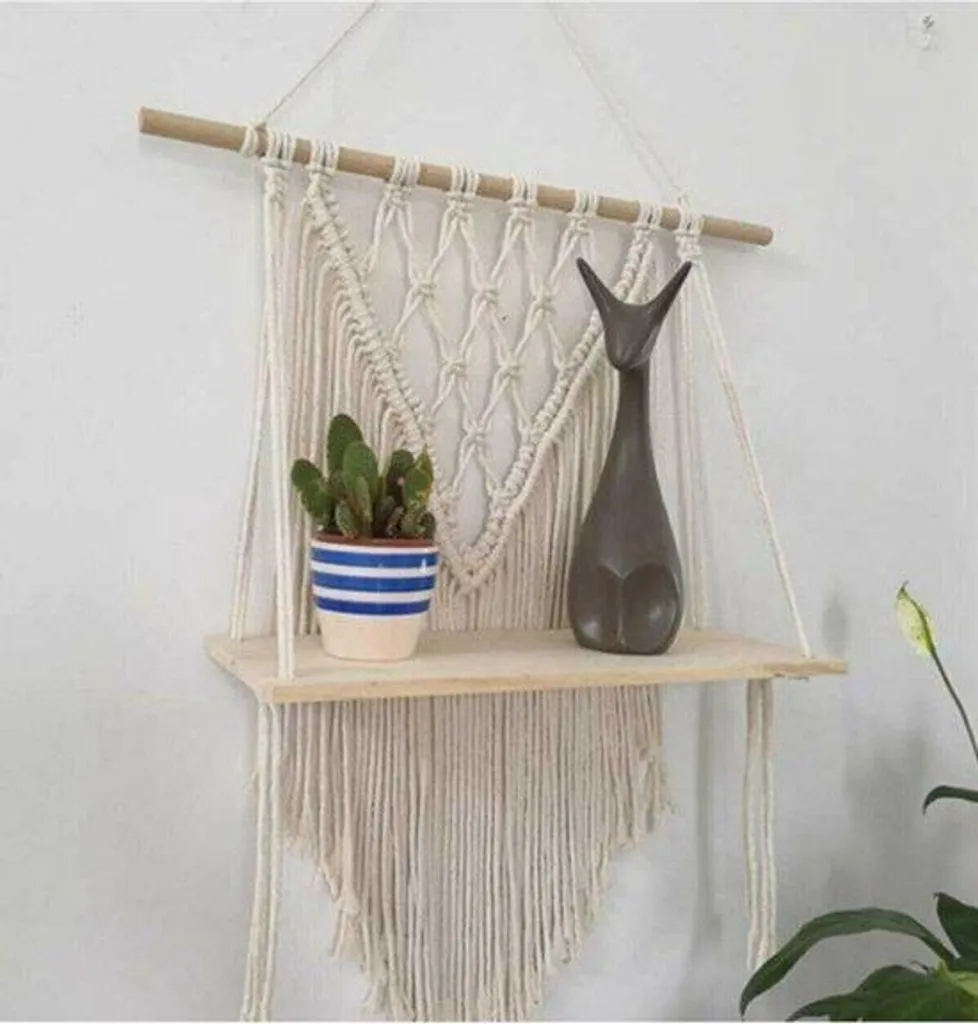 Étagère murale macramé tressé main avec plateau en bois véritable