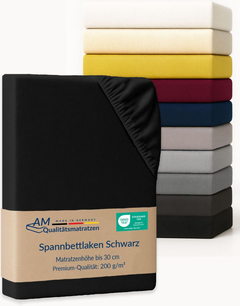 AM Qualitätsmatratzen | Premium Spannbettlaken 140x190 cm | Baumwolle (200gsm) in Schwarz | Germany | es Bettlaken | Jersey Spannbetttuch | Fitt...