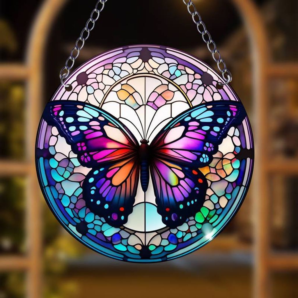 Sonnenfänger Zum Aufhängen Am Fenster – Oval Mit Schmetterlingen & Tulpen, Buntglas, Ca. 25,4x17,8 Cm