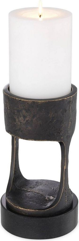 Casa Padrino Luxus Kerzenhalter Bronzefarben / Schwarz Ø 13 x H. 24 cm - Messing Kerzenständer mit Granitsockel - Deko Accessoires