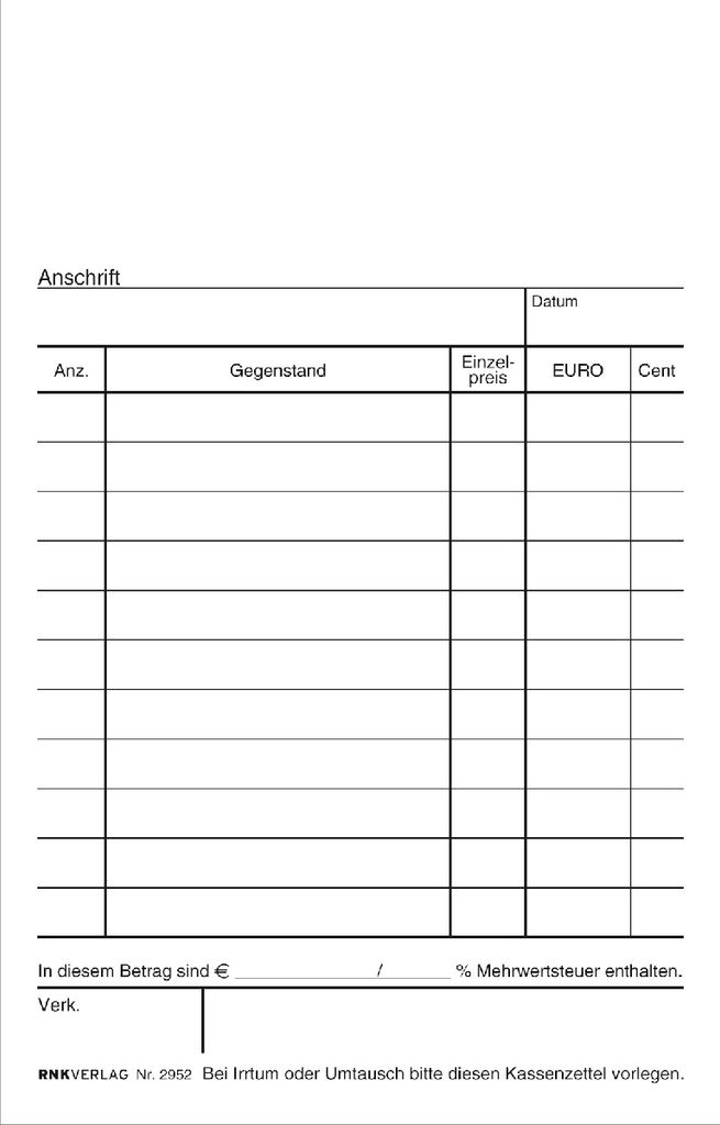 Kassenblock ohne Nummerierung 96x167mm 2x50 Blatt Packung mit 10 Stück