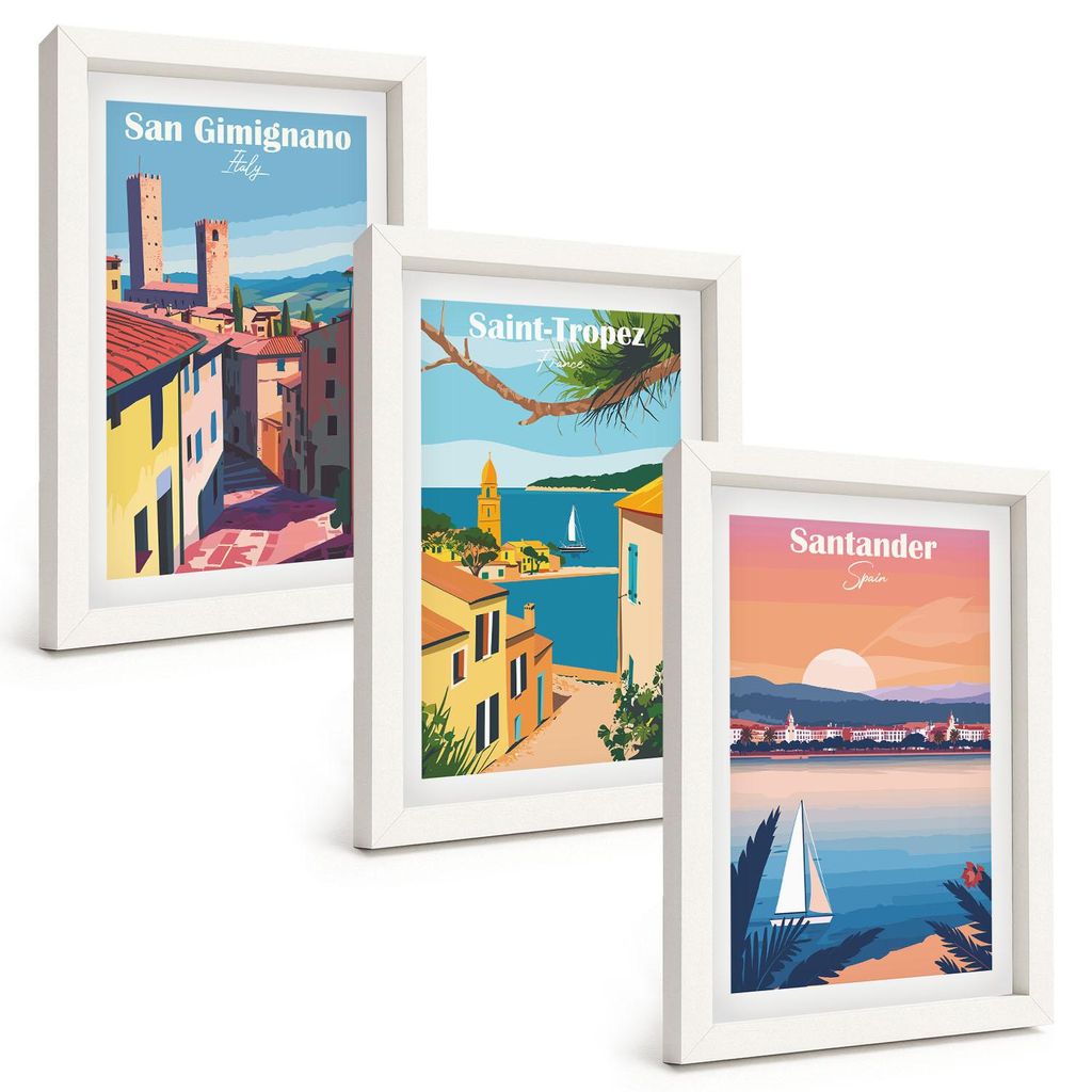 Bilder Set 3-teilig im weißen Rahmen – Wandbilder 3 Stück – gerahmte Poster für Wohnzimmer, Schlafzimmer und Flur – 20x30 cm – Italienis...