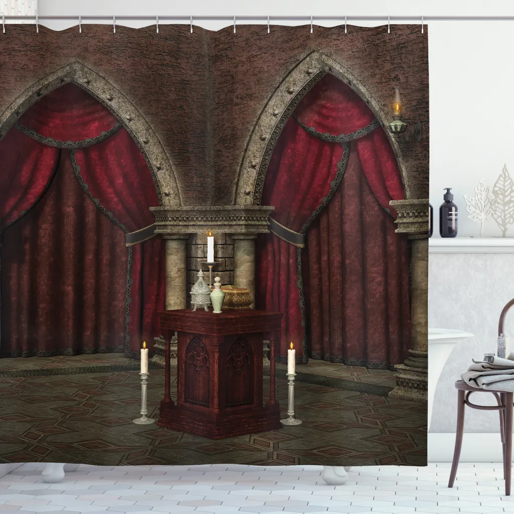 ABAKUHAUS Tenda da doccia gotica, Mysterious Zimmer Castle, tessuto facile da pulire con 12 ganci, impermeabile, resistente allo scolorimento e ai batteri, 175 x 180 cm, rosso-nero