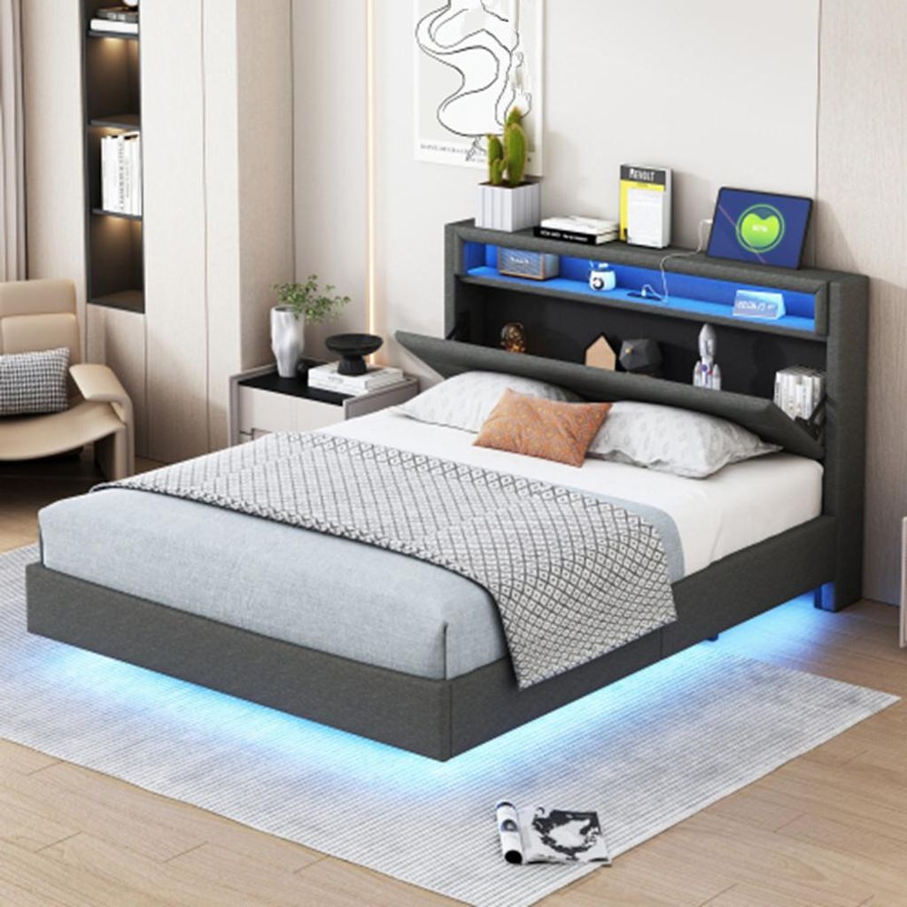 Polsterbett mit USB-Steckdose und LED-Licht, wendbares Kopfteil, verdecktes Fußteil, Doppelflachbett,Leinenstoff 140x200 cm