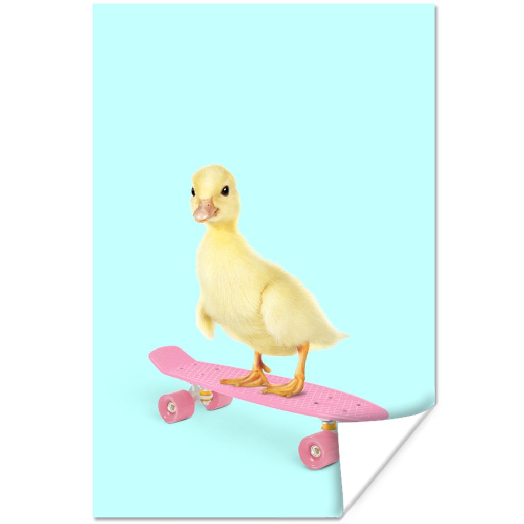 MuchoWow Poster Ente - Küken - Skateboard - Blau - Rosa 40x60 cm - Plakate für die Wand - Poster Babyzimmer