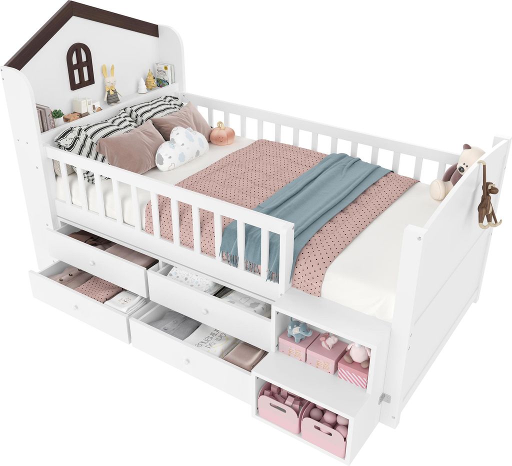 Kinderbett mit Stauraum und LED-Beleuchtung, 90x200 cm, Einzelbett, Jugendbett, Rausfallschutz, Lattenrost, Kiefer