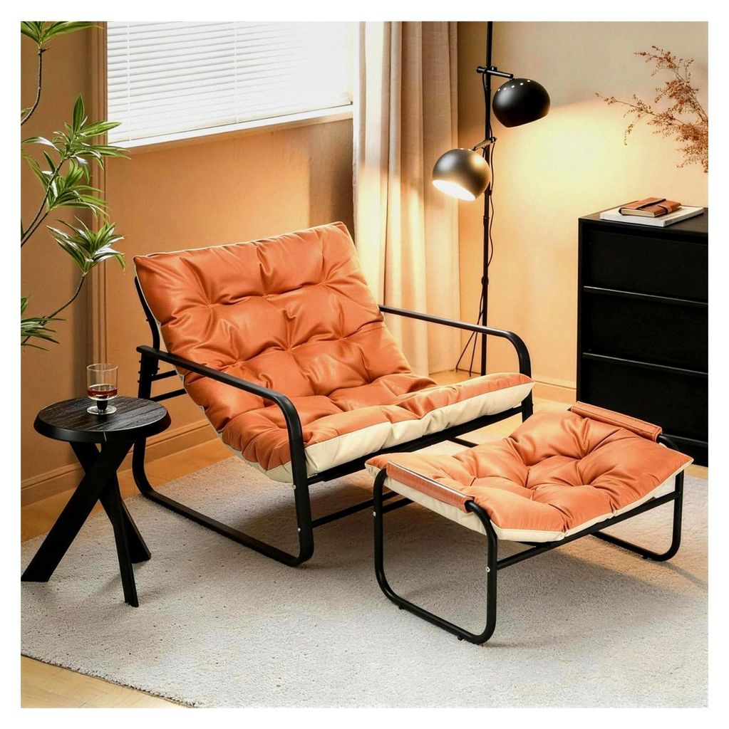 Sessel mit Hocker für Wohnzimmer und Garten, gepolsterter Stuhl für 2 Personen, Gartenliegestuhl für Balkon und Terrasse (Orange+Beige)