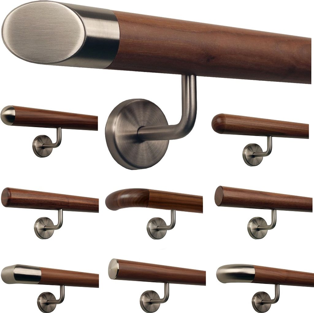 TIBU Ami Nussbaum Geländer Handlauf 30-500 cm Wandhandlauf, Variante:400 cm mit 5 Halter schräges Edelstahlendstück