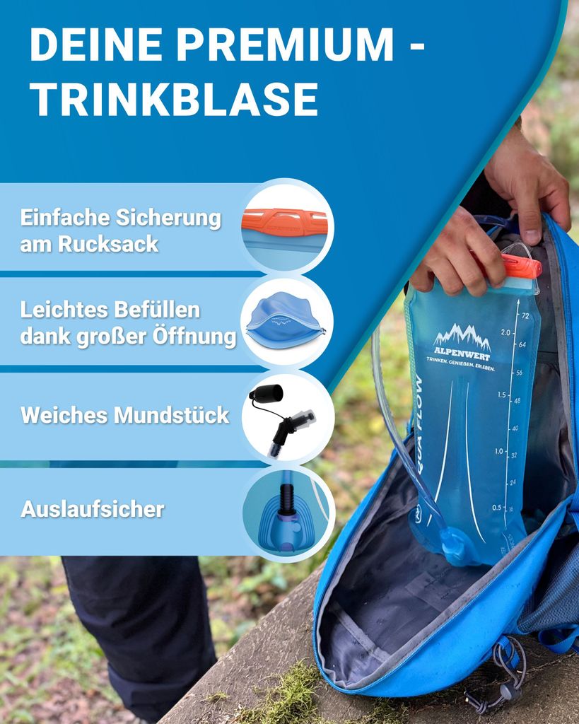 Alpenwert® Trinkblase mit Trinkschlauch [Wasserblase 2L BPA Produktbild 2