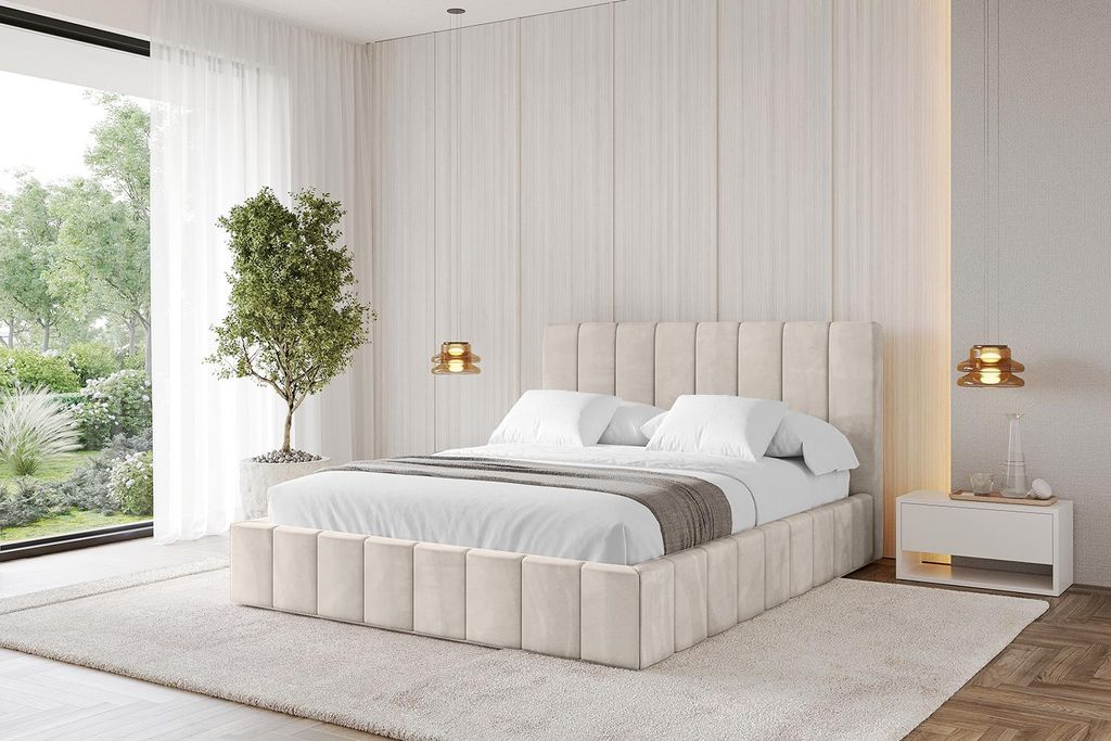 ALTDECOR Polsterbett mit Bettkasten - FINO 140x200 Beige und Lattenrost, Bett mit Kopfteil, Boxbett ohne Matratze, Doppelbett mit Stauraum