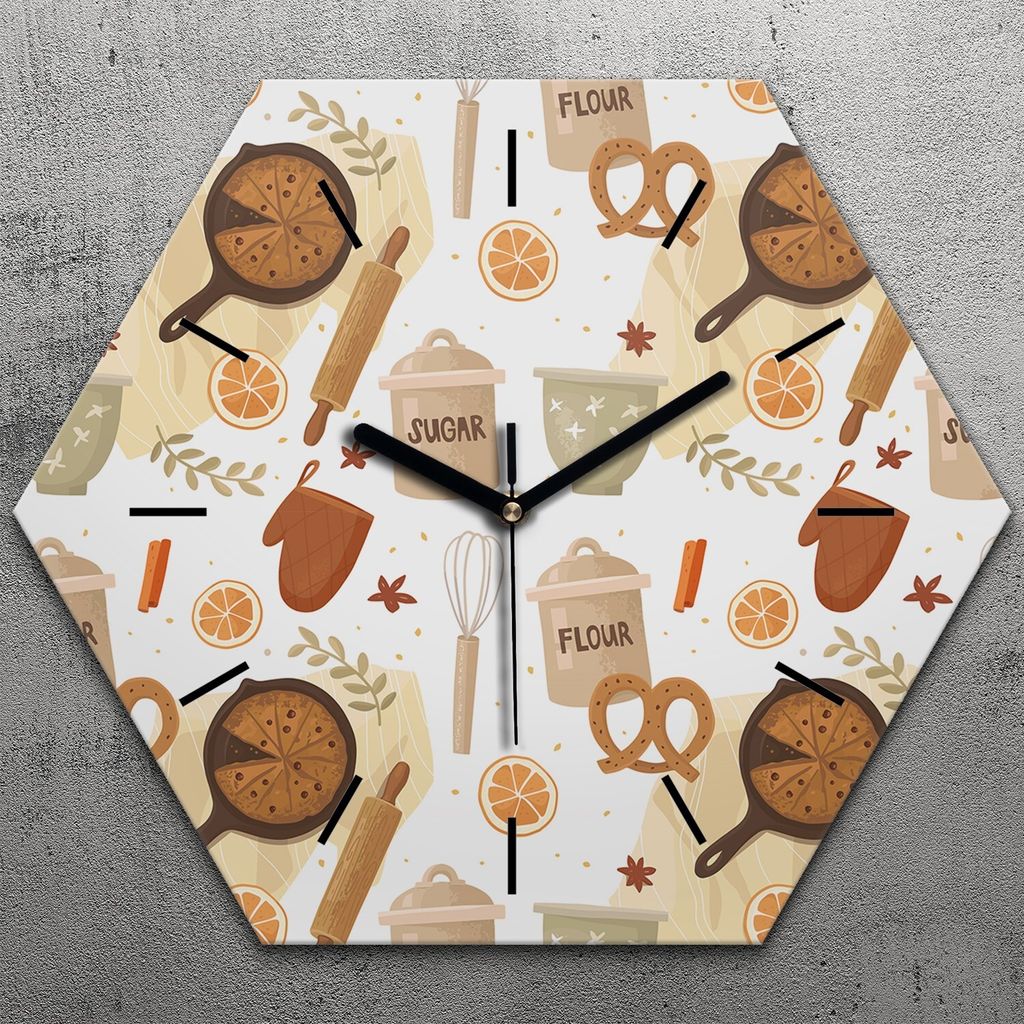 Uhr hexagonal 40 cm Glas Geräuschlos schwarze Zeiger - Backen Schokolade Kuchen