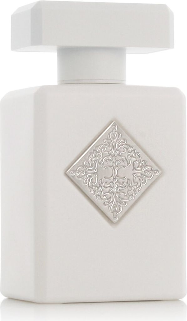 A white perfume bottle with a silver emblem on a white background.
