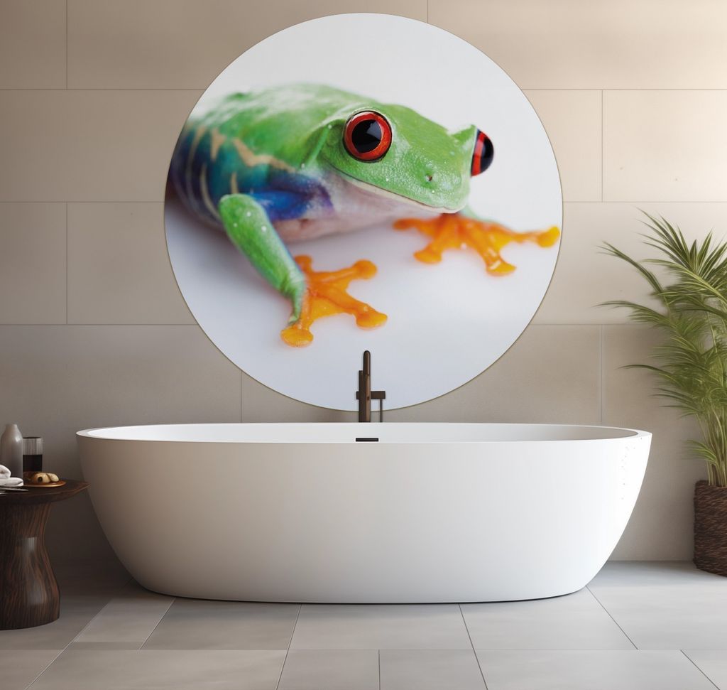Wallario wasserfestes Poster selbstklebend 120 x 120 cm, Lustiger Frosch in grün und orange, Badezimmerposter Spritzschutz mit Hochglanzoberfläch...
