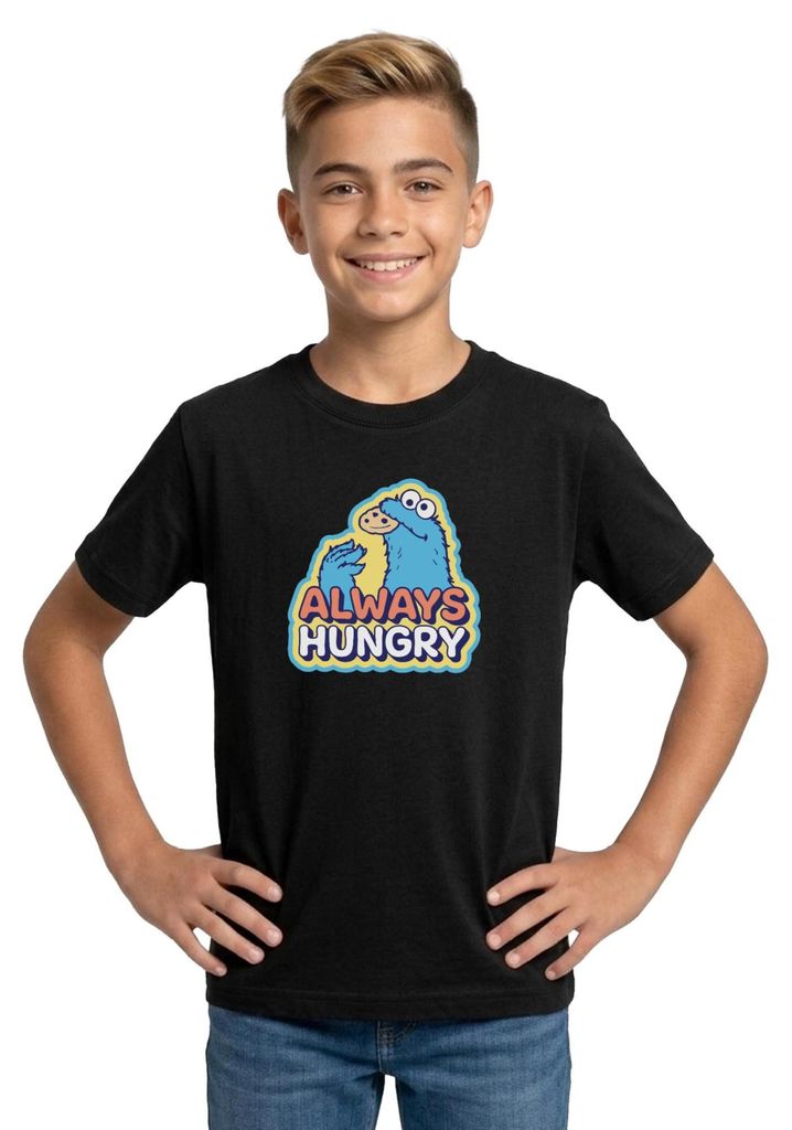 Spreadshirt Sesamstraße Krümelmonster Design Always Hungry Teenager T-Shirt, 134/146 (9-11 Jahre), Schwarz