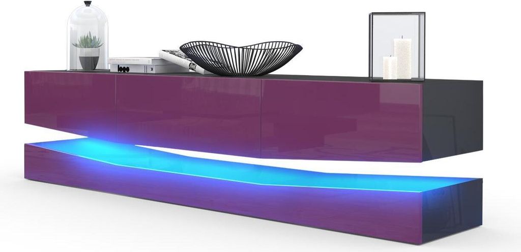 Vladon Lowboard City, Germany, TV-Kommode mit Sockelelement, 1 offenem Fach und 3 Schubkästen, Schwarz Hochglanz/Brombeer Hochglanz, inkl. LED-Be...