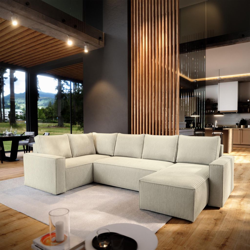 Masseno Ecksofa NORENA L-S mit Schlaffunktion U-Form, Sofa mit Bettkasten, Wohnzimmersofa, Couch, Soffa, Bettsofa, Couchgarnitur- Creme, POSO 100