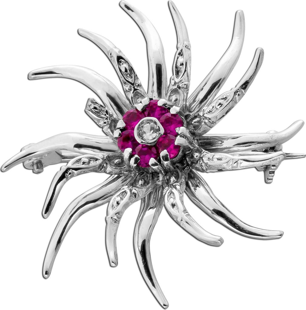 Rubin Brosche Weißgold 750 18K rote Rubine Brillant 0.05ct Edelsweiss