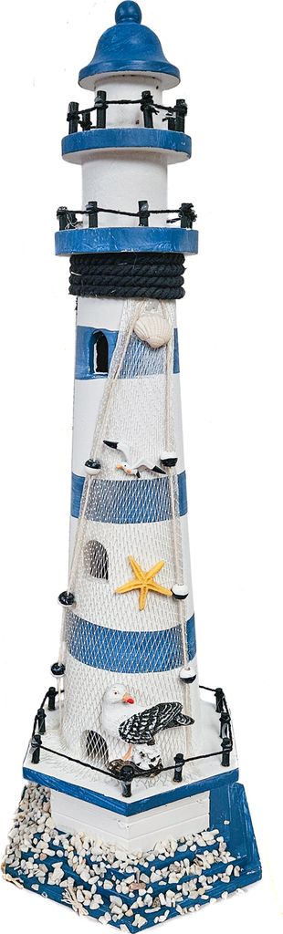 Deko-Leuchtturm Holz Fischernetz Seestern Seevögel Stein Produktbild 