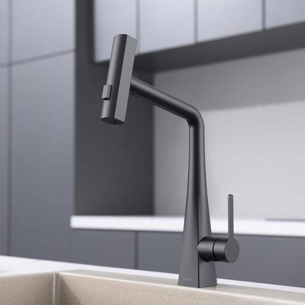 Schwarze Küchenarmatur, ausreichbar, 3 Strahlarten, 360° Drehbar, Edelstahl