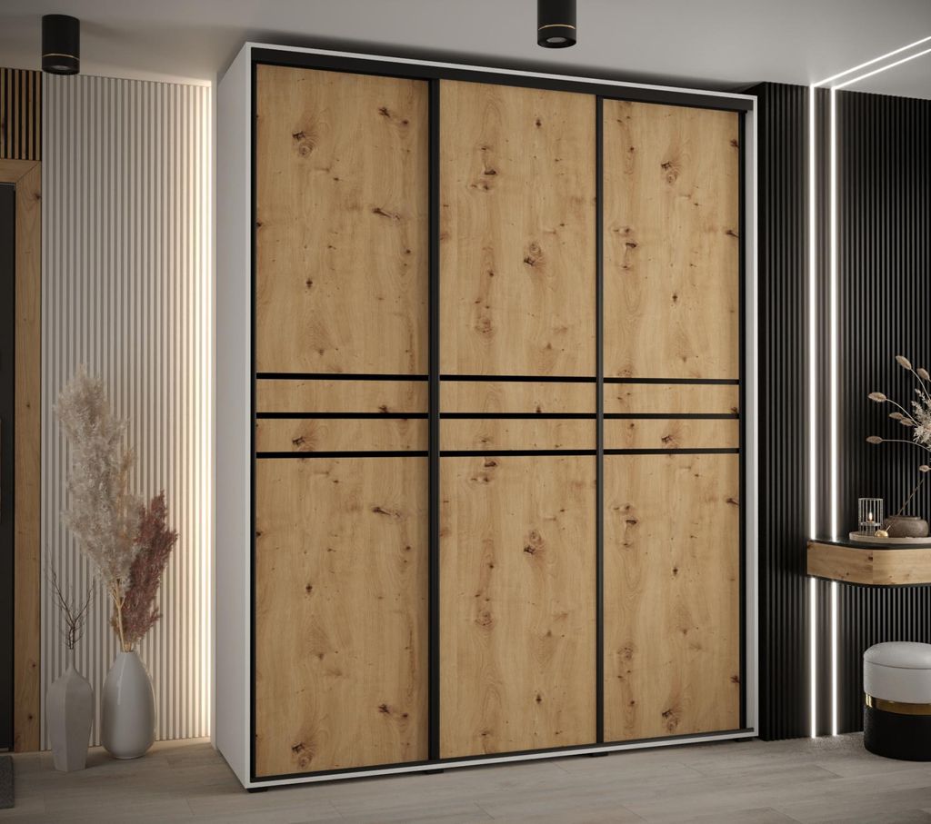 Kleiderschrank YVONA 10 - 190/45 cm, weiß / Eiche handwerklich / schwarz