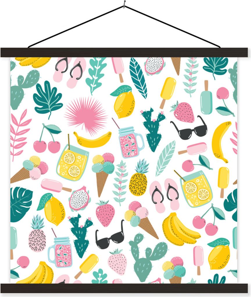 MuchoWow Textilposter Sommer - Elemente - Muster 120x120 cm mit schwarzem Rahmen - Aufhängungsset