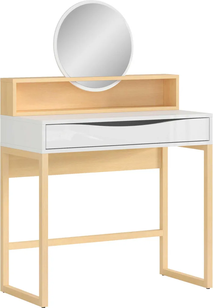 Coiffeuse Vayen compacte 85cm - Rangement maquillage chêne clair blanc