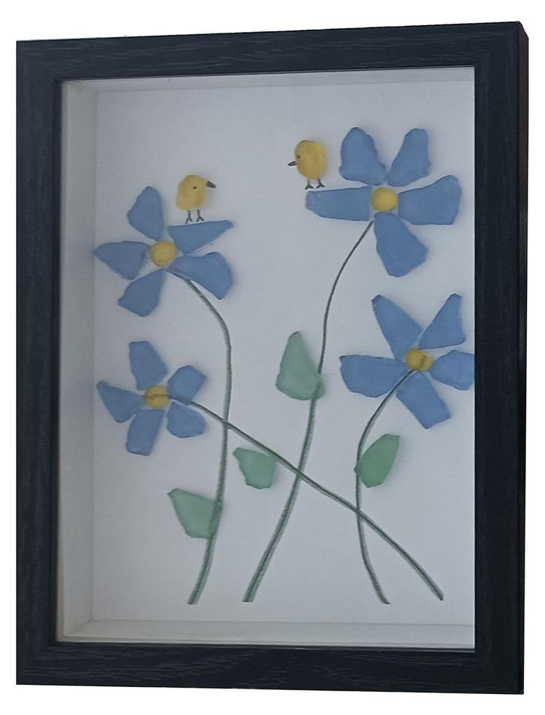 Wandkunst aus Treibglas, Blumen und Vögeln, handgefertigter dekorativer Fotorahmen aus Treibglas, Geschenk für Mama, Oma, Ehefrau, Freundin und F...