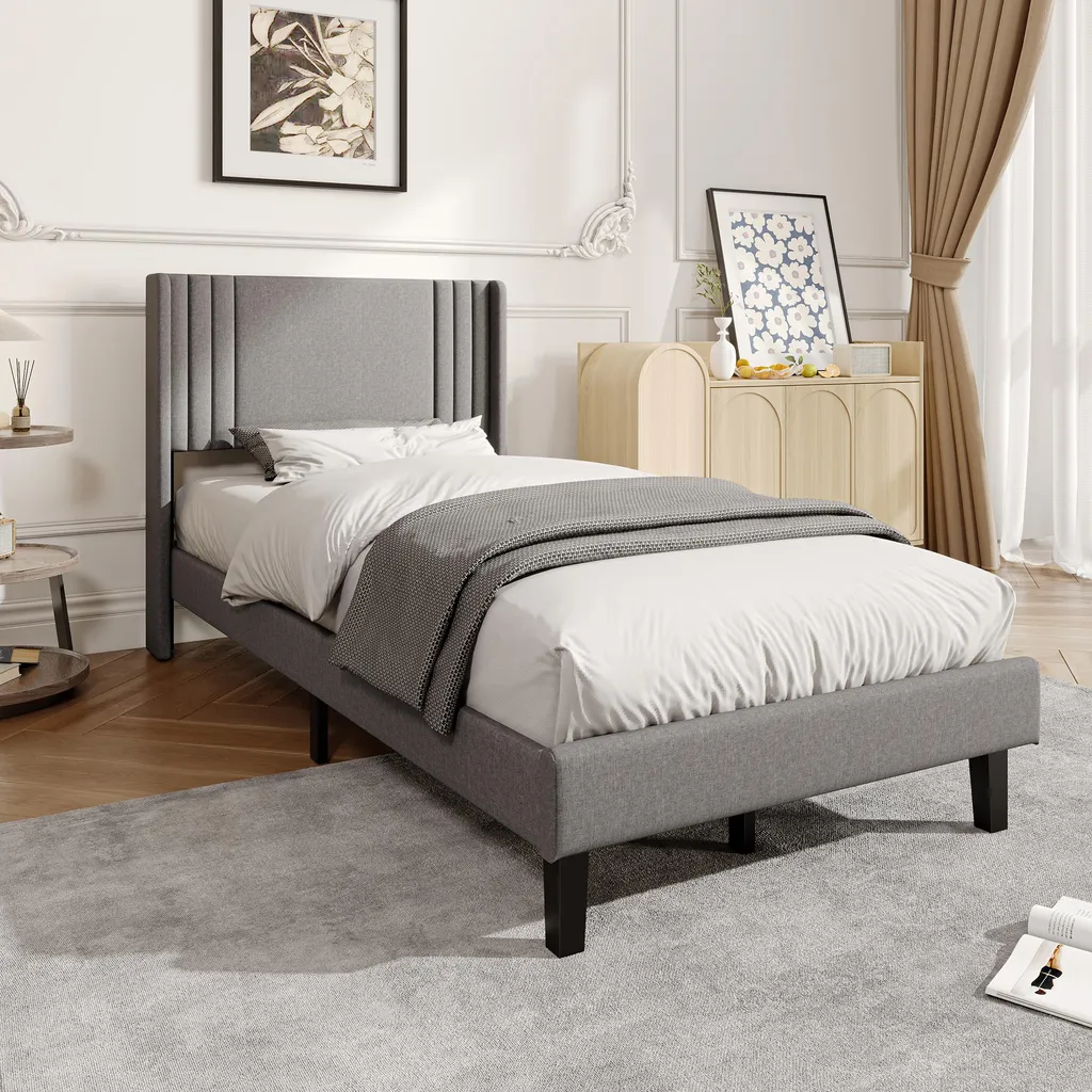 Lit simple 90x200 cm gris lin avec sommier et tête de lit capitonnée
