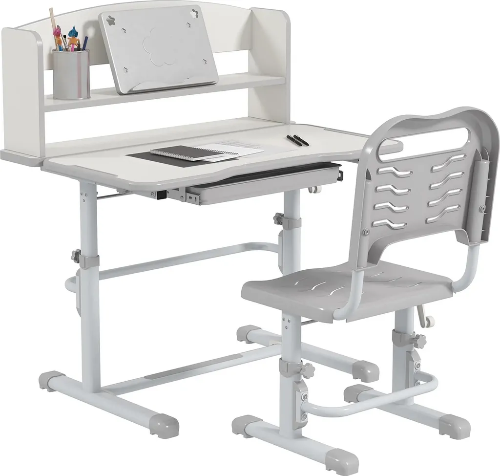 Bureau enfant ergonomique 80 cm gris clair avec chaise et structure acier