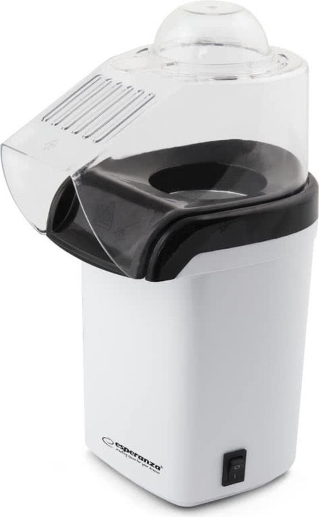 A white popcorn maker with a clear lid and black accents, positioned against a white background.