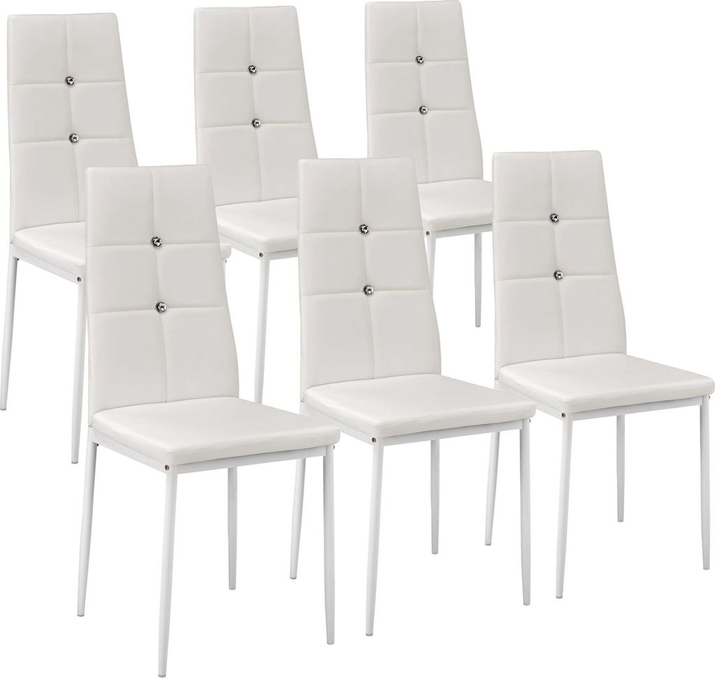 A set of six white dining chairs arranged in a studio setting against a white background.