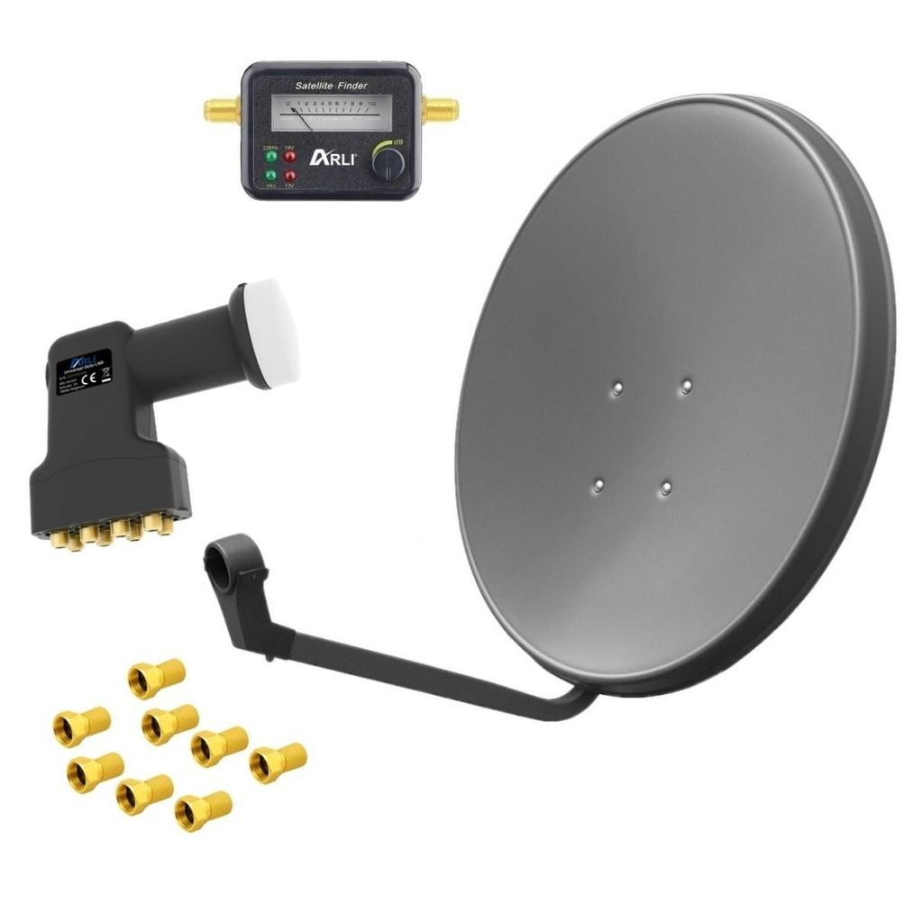 A satellite dish kit with accessories, laid out on a white background.