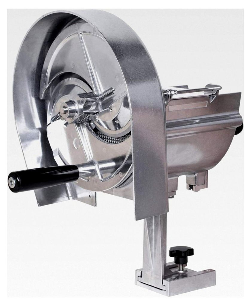 Profi Gastro Gemüseschneider manuell mit Kurbel, Aluminium Gehäuse, Edelstahl Schneidmesser, Schnittstärke 0-12 mm einstellbar, für bis zu 100 ...