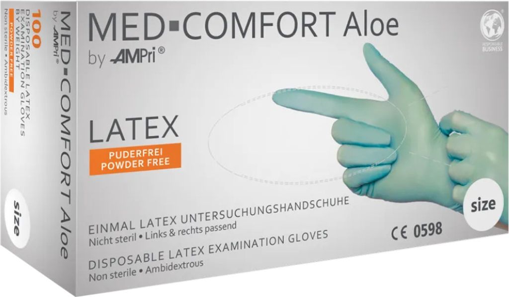 MED-COMFORT Aloe, Latex-Untersuchungshandschuh, puderfrei, mintgrün, Gr. M | Box (100 Stück)