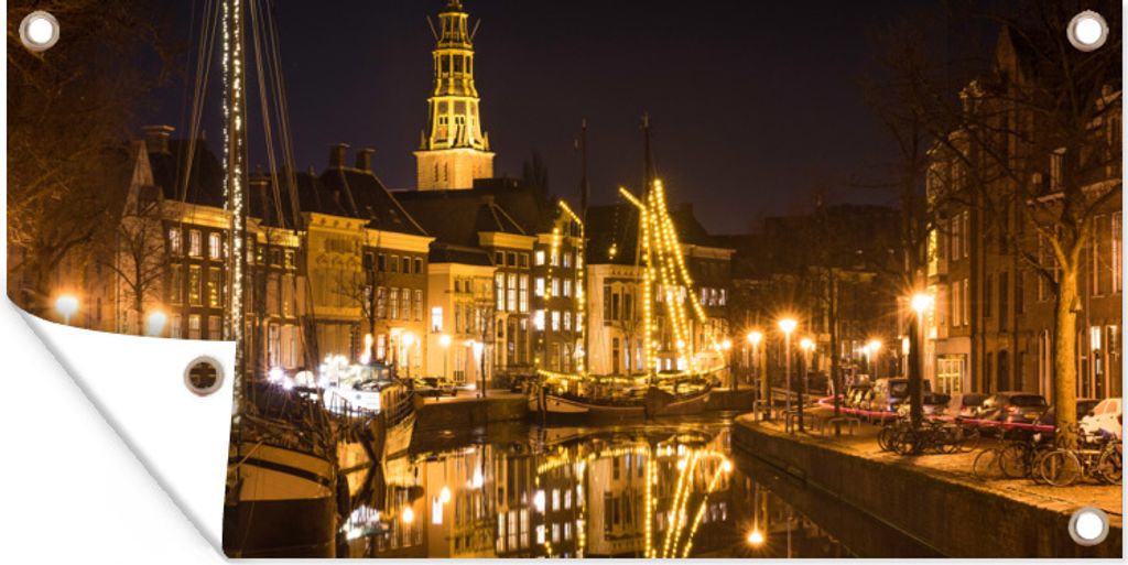 MuchoWow 160x80 cm Outdoor-Poster Gartendeko Sichtschutz Garten Poster für den Garten Groningen - Nacht - Lichter