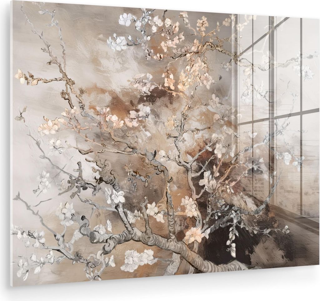 MuchoWow Glasbilder - Bilder auf Wandbild - Foto auf Glas Mandelblüte - Kunst - Van Gogh - Beige - Abstrakt 80x60 cm Wanddekoration aus Glas - Acr...