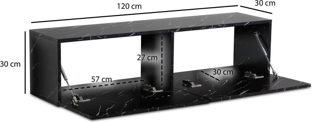 A diagram of a black marble-look lowboard with dimensions indicated.