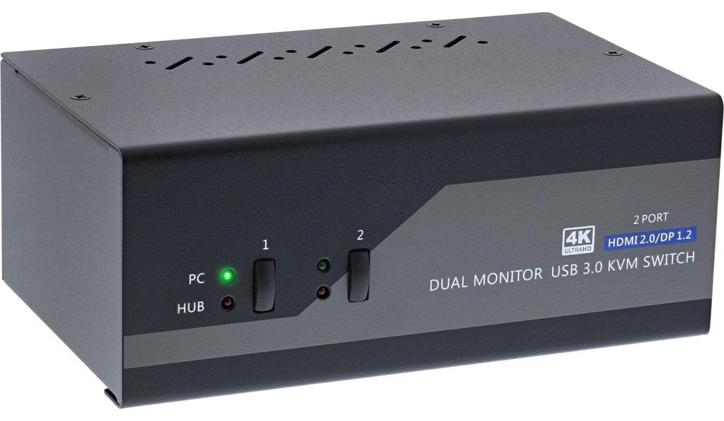 InLine KVM Desktop Switch, 2-fach, Dual Monitor, DP+HDMI, 4K, USB 3.0, Audio