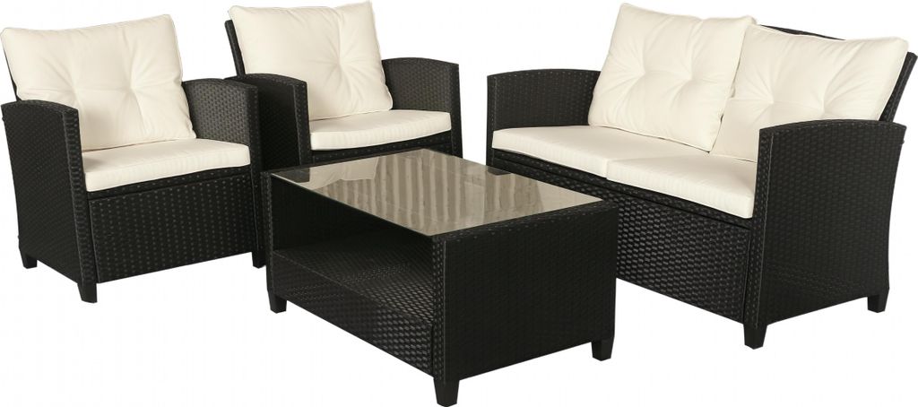 Gartenmöbel-Set. 4-tlg., 2 Sessel, 1 Sofa, 1 Couchtisch, abnehmbare Polster, PE-Rattan, Schwarz