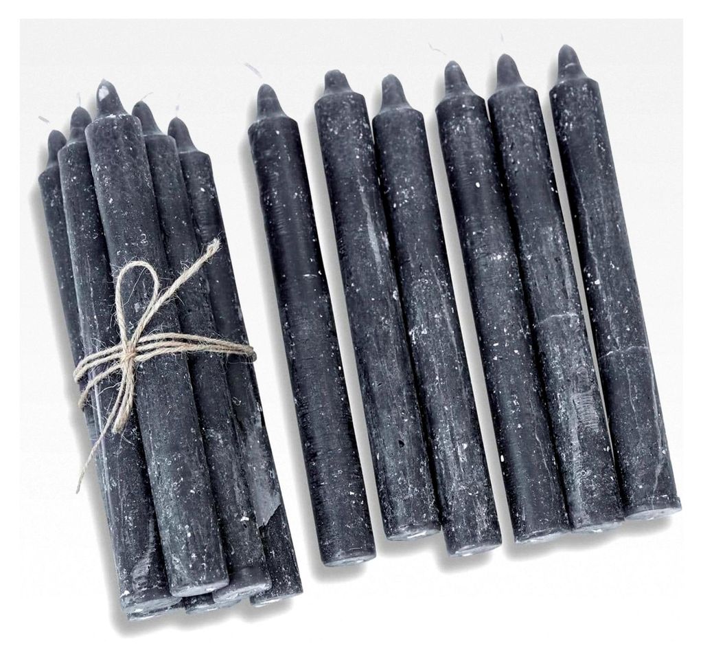 12er Set Stabkerzen - Rustikales Finish - Handveredelt - Durchgefärbt & Geruchsneutral - Paraffinwachs, anthrazit