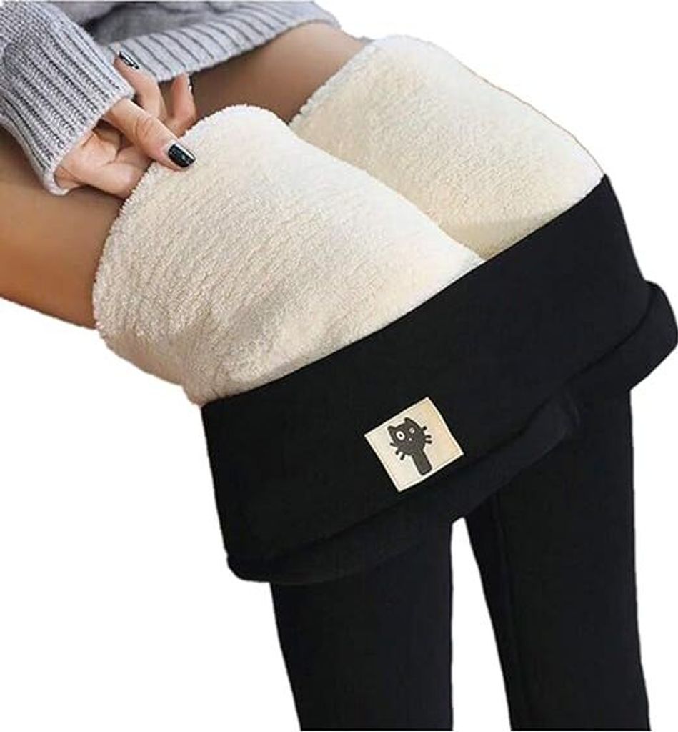 ASKSA Damen Warme Thermo Leggings Verdicken mit Plüsch Gefüttert Slim Lange Leggings Elastische, Schwarz-cat, M