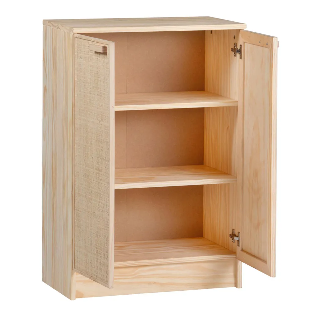 Commode en bois massif AURA buffet en raphia naturel et pin massif chic