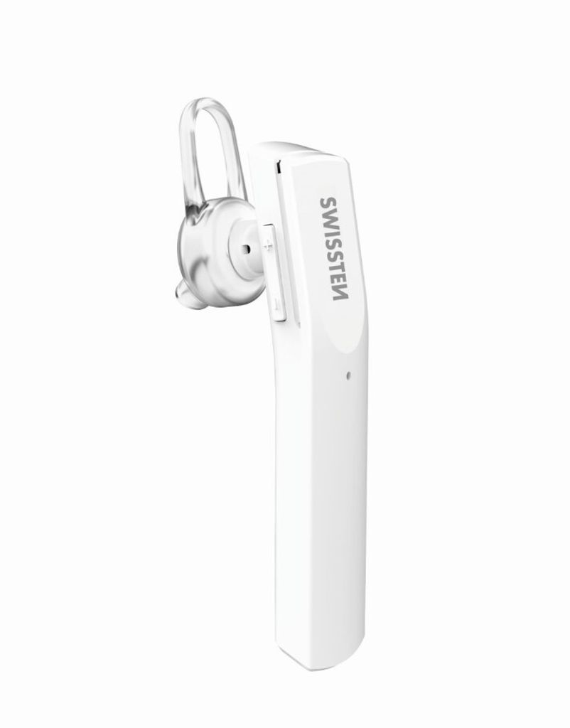 A white Bluetooth headset is shown against a white background.
