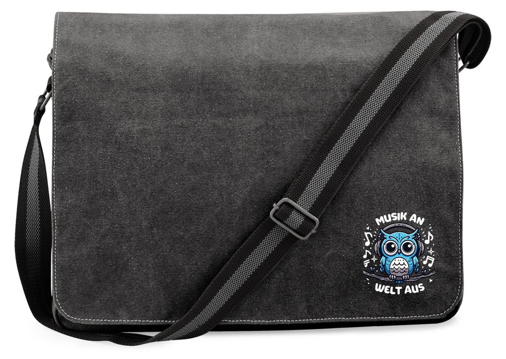 Huuraa Umhängetasche Musik an Welt aus Eule 14 Liter Black Canvas Laptoptasche Geschenkidee