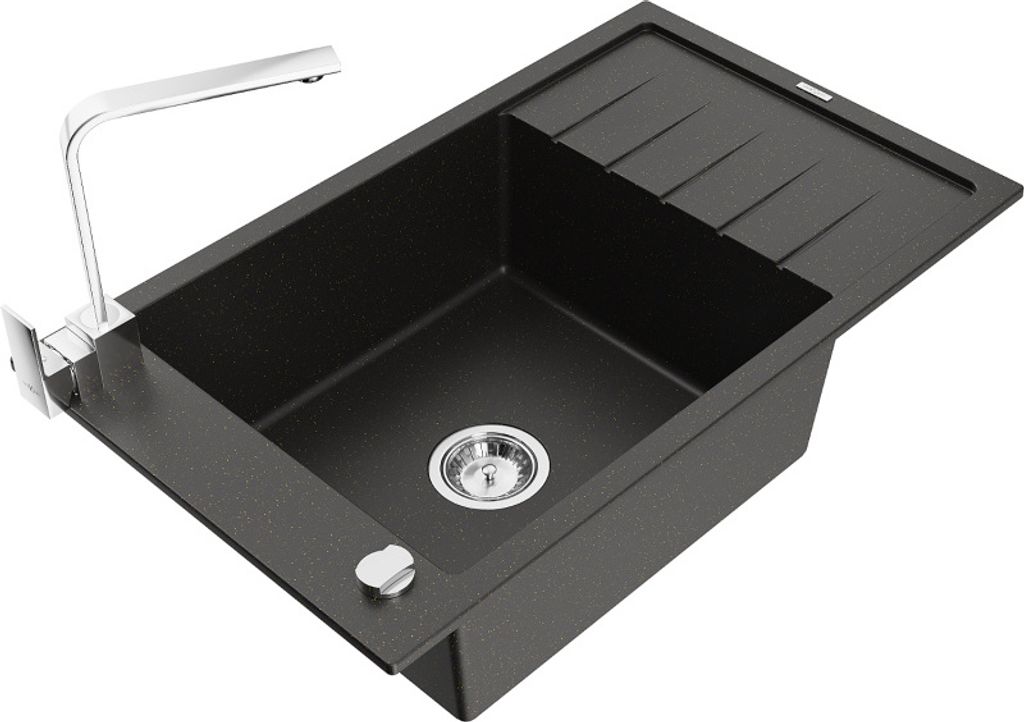 Mexen Elias 1 Becken-Granitspüle mit Abtropffläche und Mischbatterie Rita, Schwarz/Silbermetallic - 6511-73-670300-70