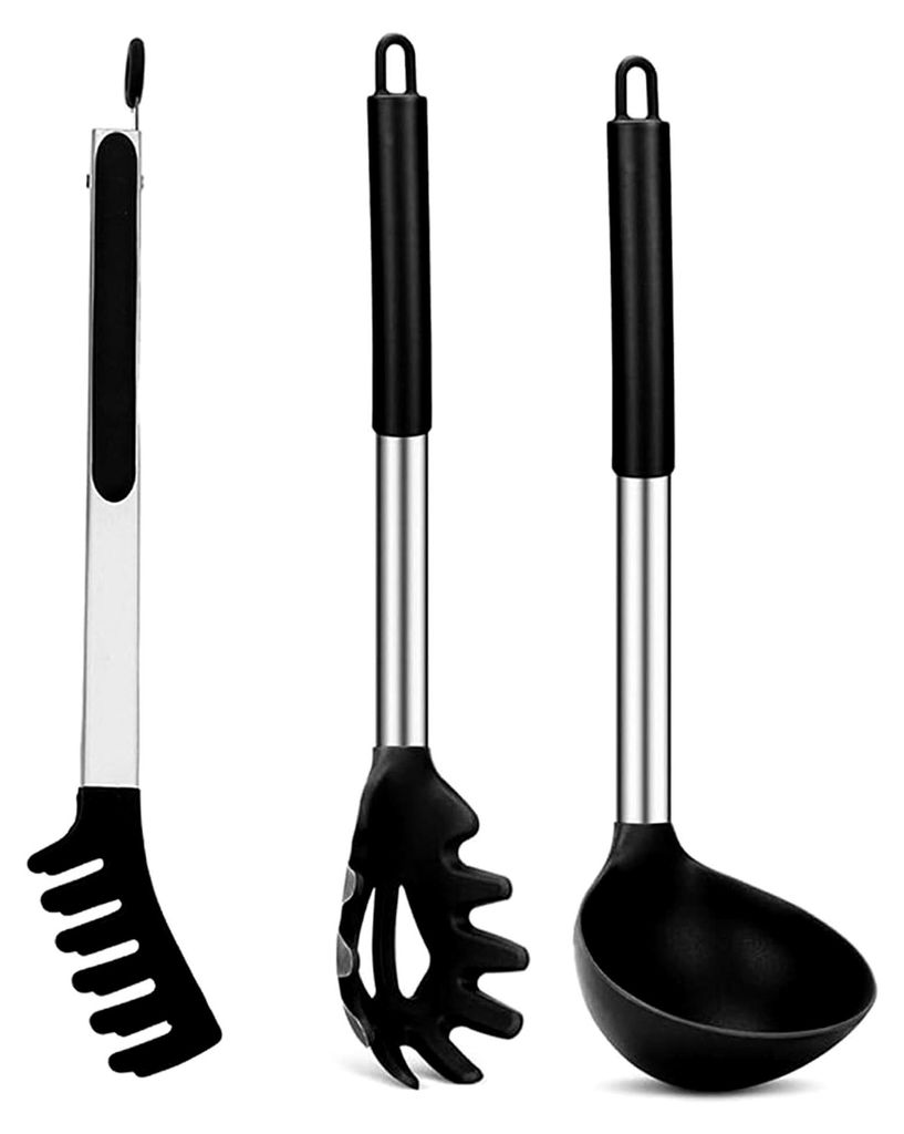 Pasta-Kochset | Hitzebeständiges Silikon und Edelstahlgriffe | Nudellöffel, Zange und Sieb | Unverzichtbares Set für die Küche