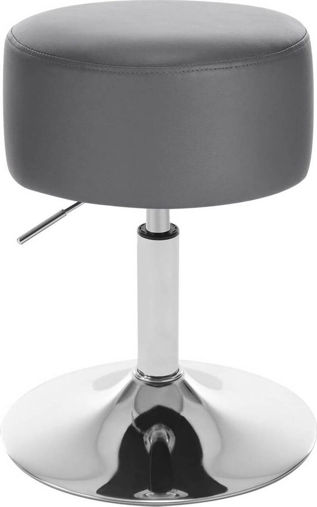 A studio shot of a gray, adjustable height stool with a chrome base.