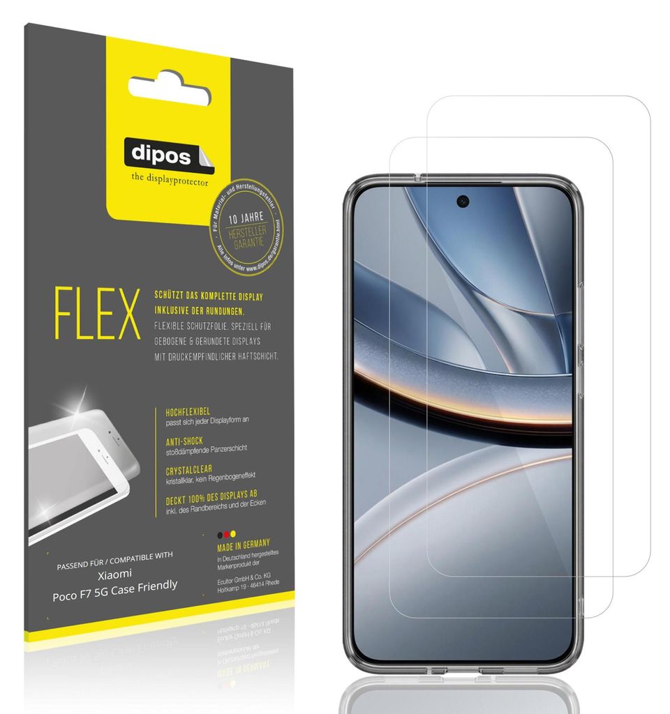 2x Schutzfolie für Xiaomi Poco F7 5G Case Friendly Folie, 100% Displayabdeckung, dipos Flex
