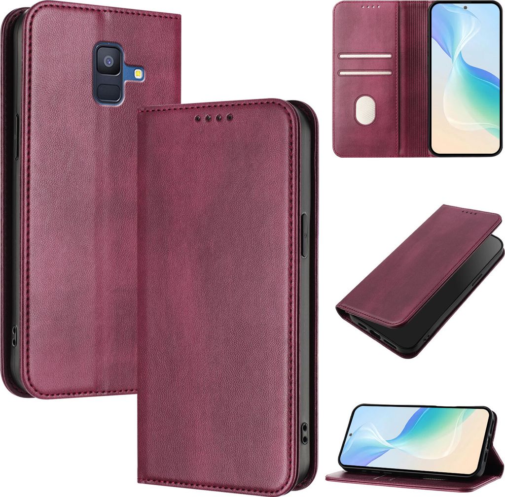 Handyhülle für Samsung Galaxy A6 2018, Vintage Leder RFID Schutz Kartenfach Standfunktion Magnetische Klapphülle Rot