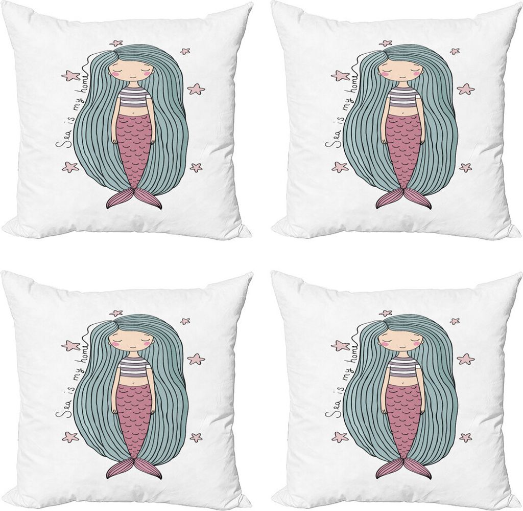 ABAKUHAUS Meerjungfrau Kissenbezug Set (4 Stück), Sea ist My Home Mädchen, Moderner Doppelseitiger Digitaldruck, 50 cm x 50 cm, Rosa Lila Schiefe...